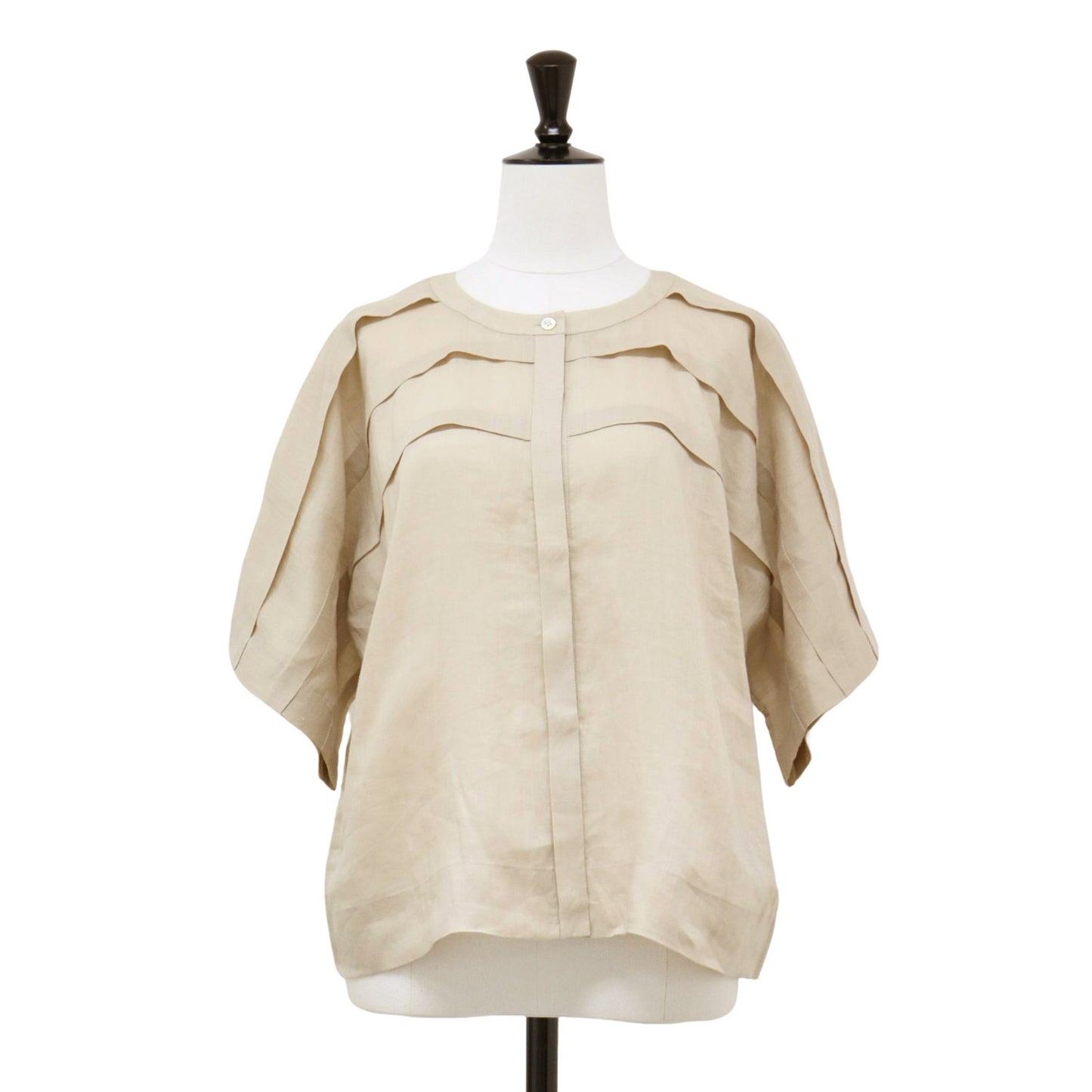 リネン シアー 半袖 シャツ / ブラウス ノーカラー ドルマンスリーブ タック