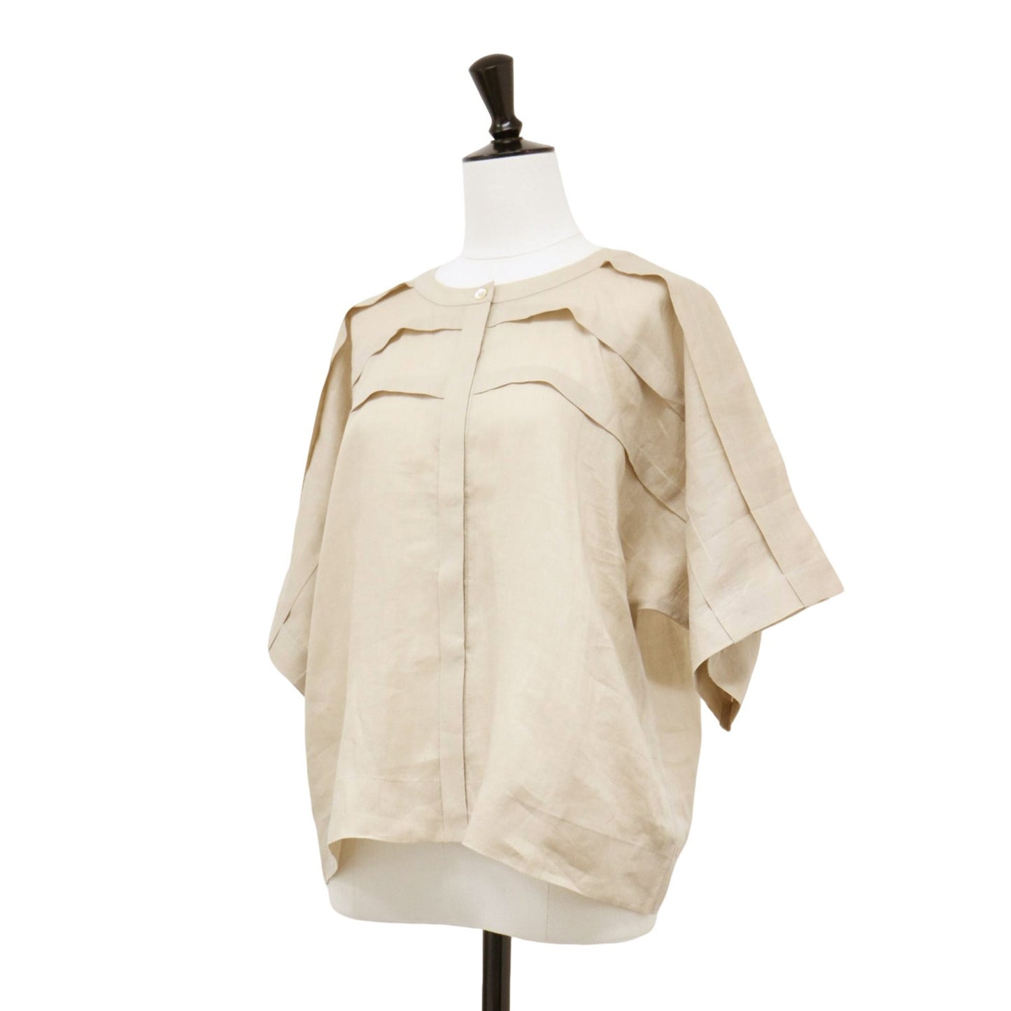 リネン シアー 半袖 シャツ / ブラウス ノーカラー ドルマンスリーブ タック