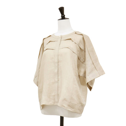 リネン シアー 半袖 シャツ / ブラウス ノーカラー ドルマンスリーブ タック