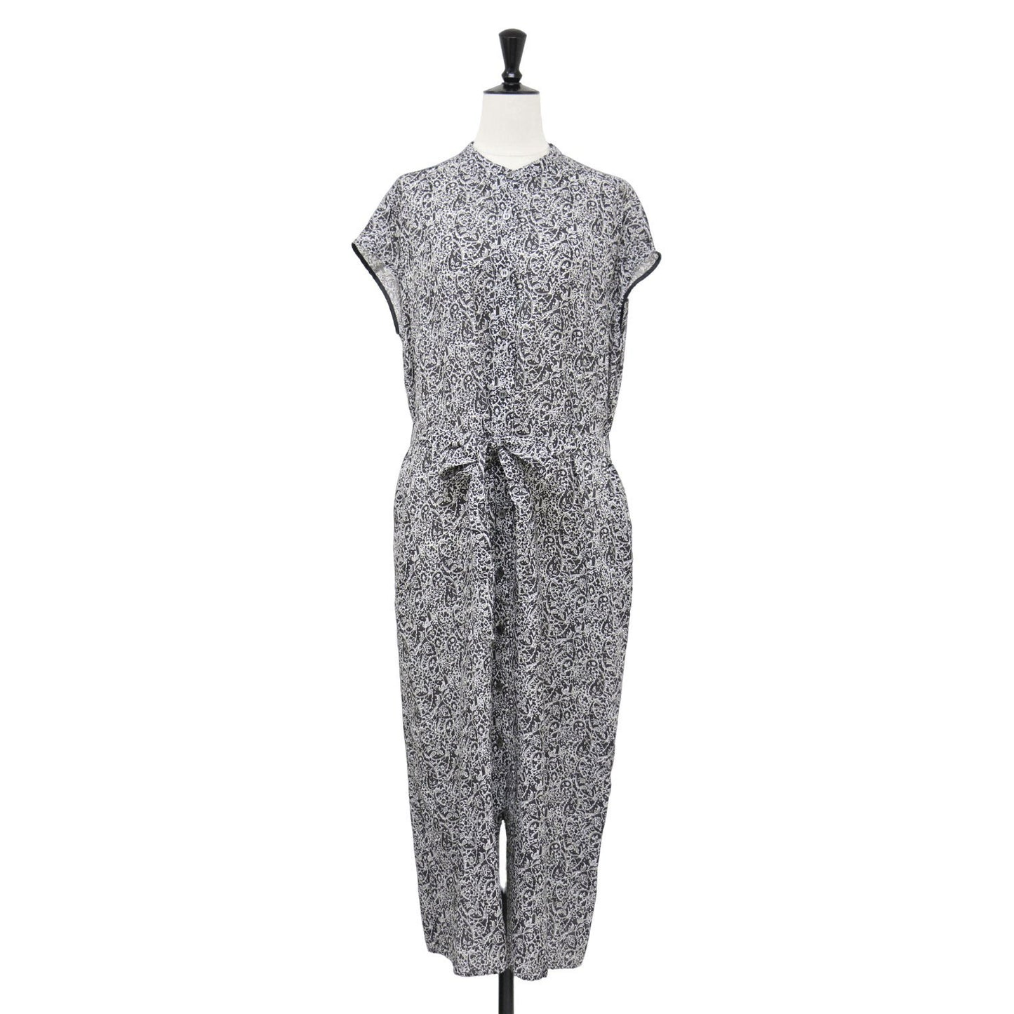 ペイズリー シャツ ワンピース / ロング丈 半袖 フレンチスリーブ バンドカラー ベルト シルク混