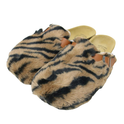24秋冬 フェイクファー アニマル柄 クロッグサンダル / clogs-animal print faux fur フラット ベルト レザー