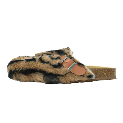 24秋冬 フェイクファー アニマル柄 クロッグサンダル / clogs-animal print faux fur フラット ベルト レザー