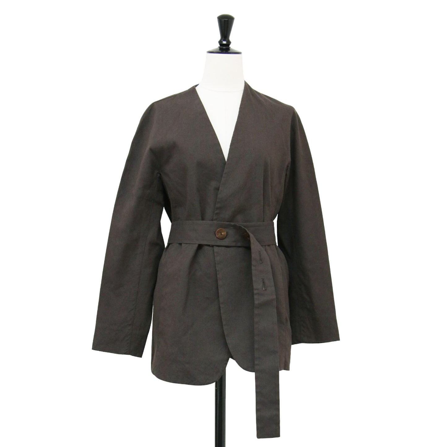 20春夏 ハイブリッド ストレッチ ベルテッド ノーカラー ジャケット / 長袖 ドルマンスリーブ Vネック リネン