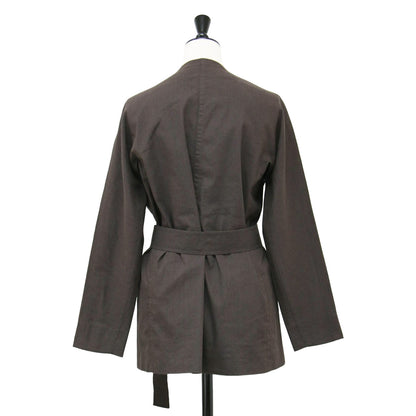 20春夏 ハイブリッド ストレッチ ベルテッド ノーカラー ジャケット / 長袖 ドルマンスリーブ Vネック リネン