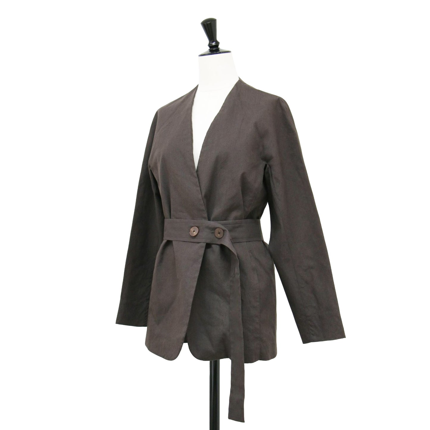 20春夏 ハイブリッド ストレッチ ベルテッド ノーカラー ジャケット / 長袖 ドルマンスリーブ Vネック リネン