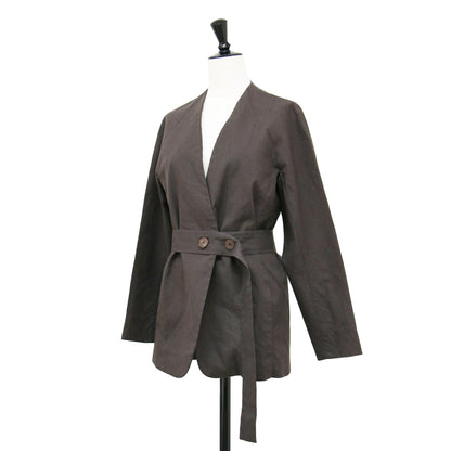 20春夏 ハイブリッド ストレッチ ベルテッド ノーカラー ジャケット / 長袖 ドルマンスリーブ Vネック リネン