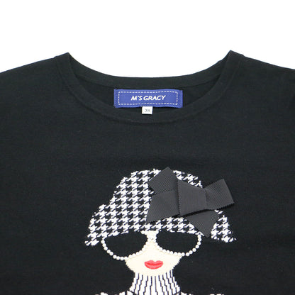 24秋冬 女の子モチーフ ニット / クルーネック 長袖 ギャザースリーブ ストレッチ