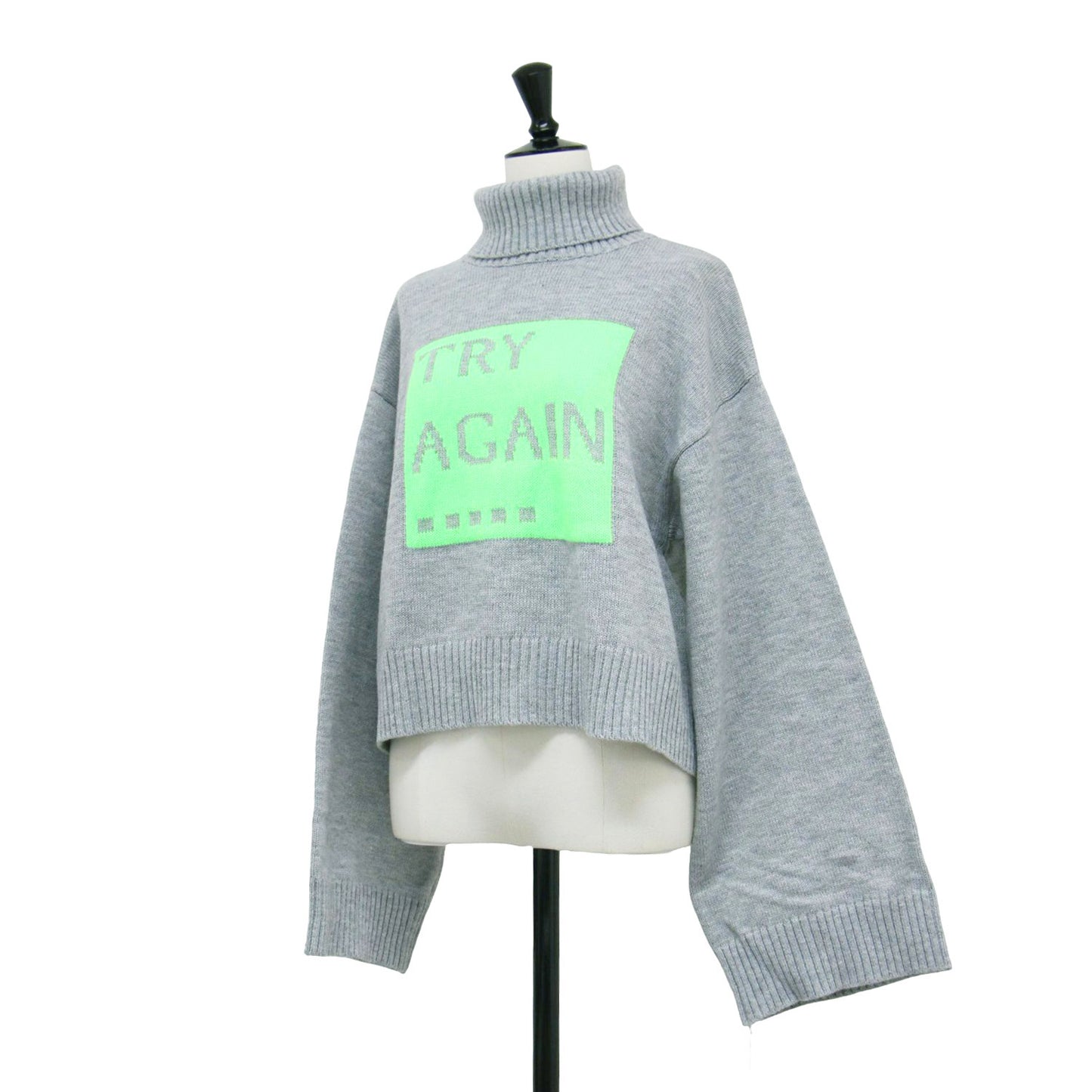 24秋冬 ネオンカラー ワイドスリーブ ニット / TRYAGAIN プルオーバー 長袖 タートルネック クロップド丈