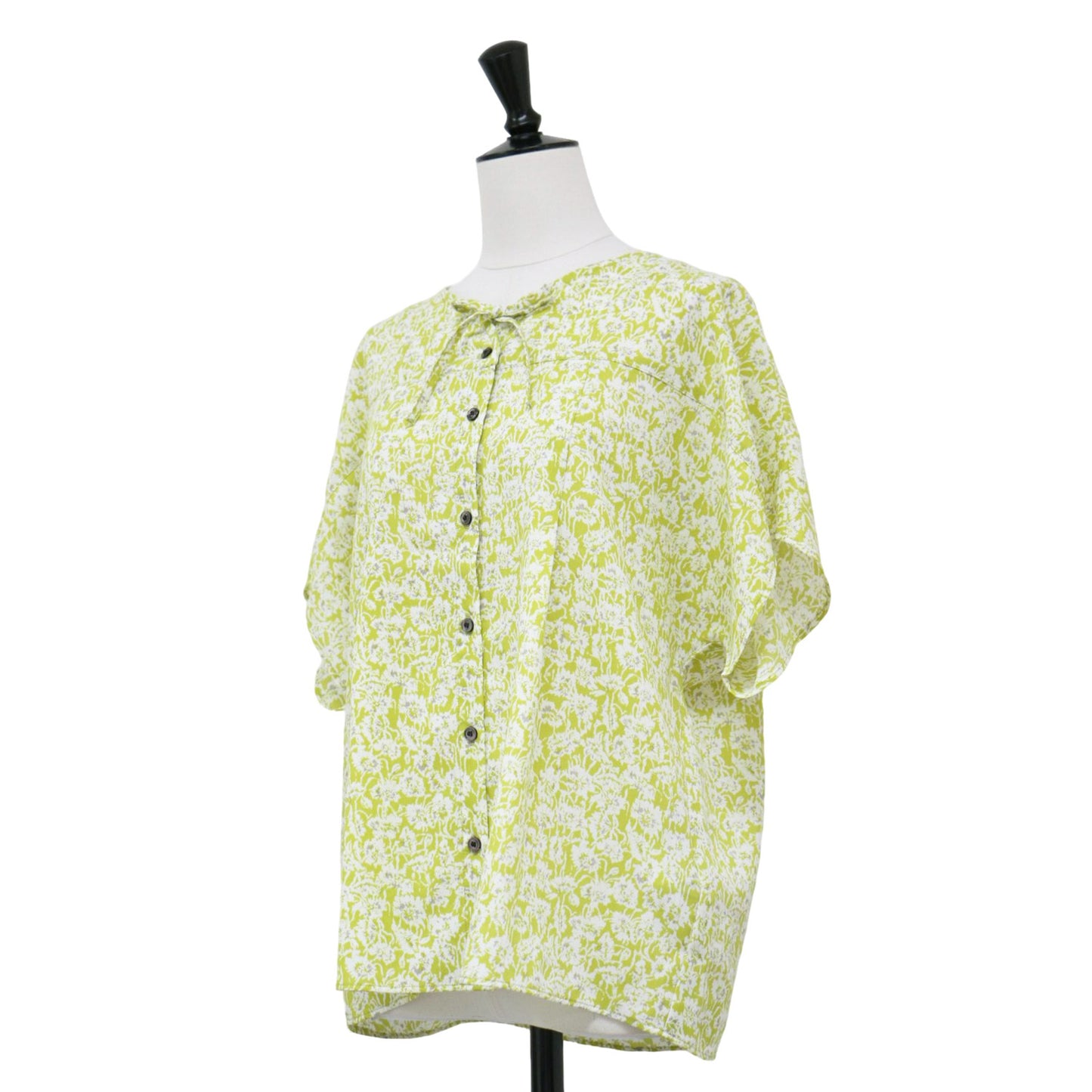 フラワープリント ブラウス / Vネック 半袖 総柄 花柄 リボン タック ボックスシルエット