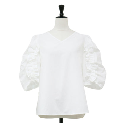 24春夏 ボリュームスリーブ ブラウス / Vネック 長袖 7分袖 ギャザー フリル ティアード コットン