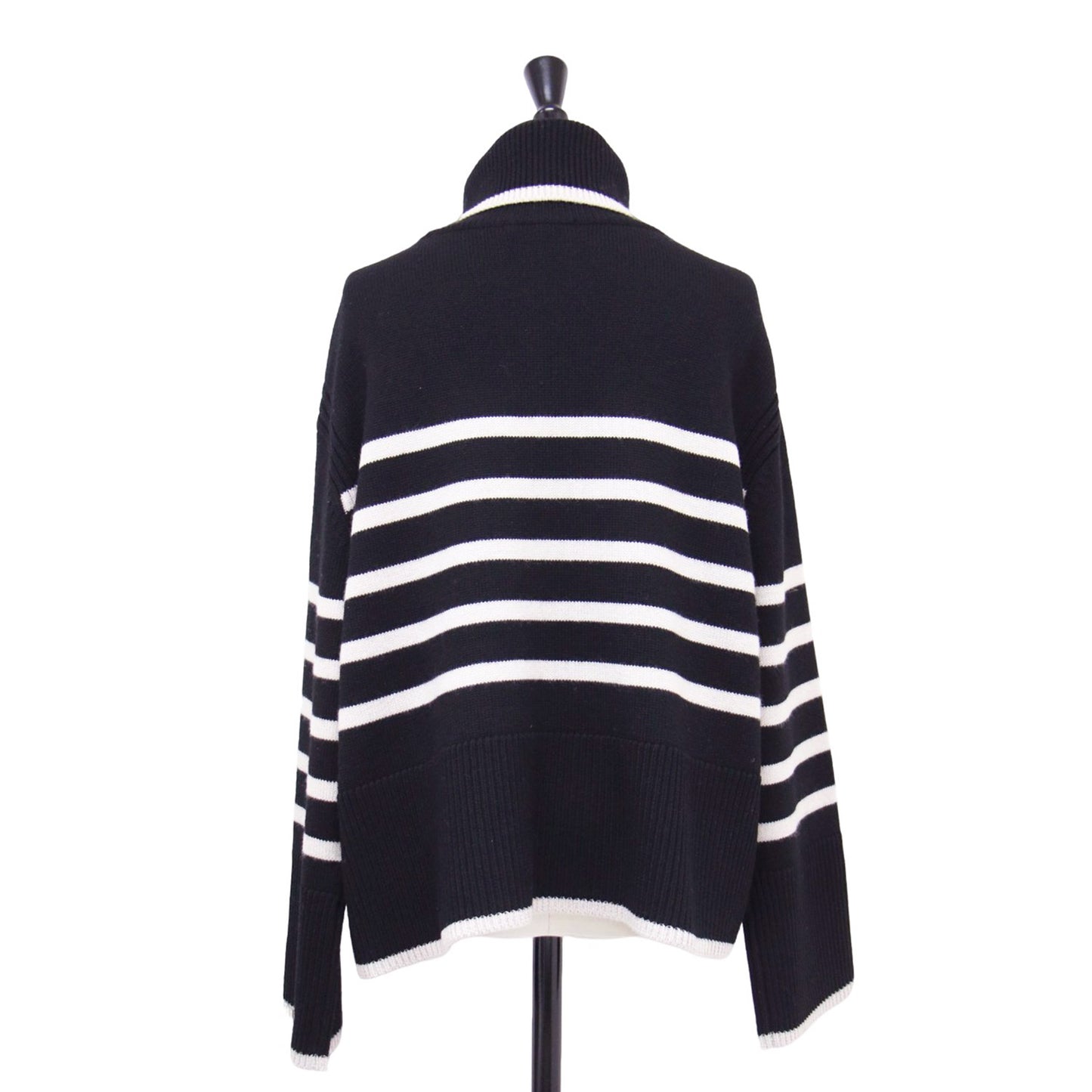 23秋冬 ウールミドルゲージ ボーダー ニット / プルオーバー 長袖 オフタートル ショート丈 リブ ウール ウォッシャブル