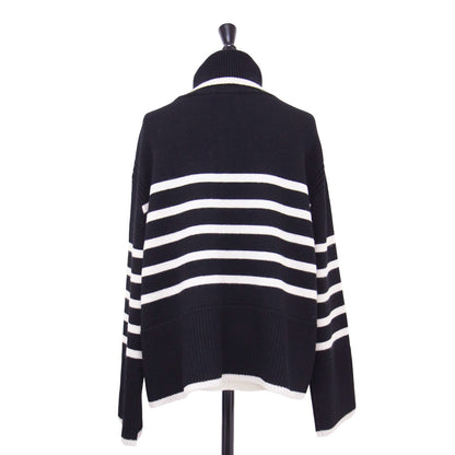 23秋冬 ウールミドルゲージ ボーダー ニット / プルオーバー 長袖 オフタートル ショート丈 リブ ウール ウォッシャブル