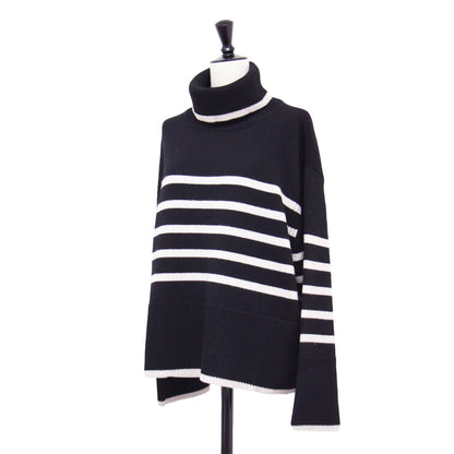 23秋冬 ウールミドルゲージ ボーダー ニット / プルオーバー 長袖 オフタートル ショート丈 リブ ウール ウォッシャブル