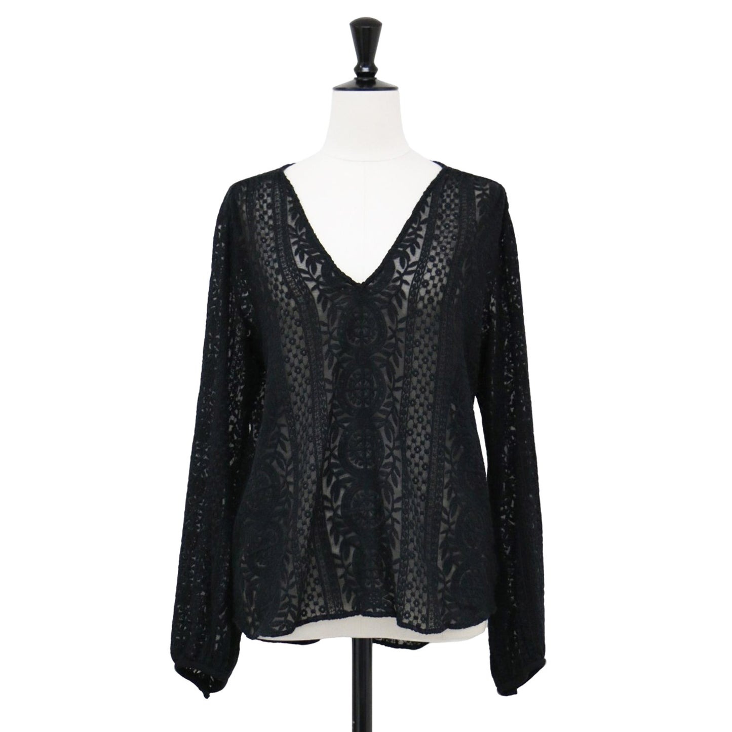 レース Vネック ブラウス / Colemore Lace Bernetta B 長袖 幾何学模様 刺繍 シルク