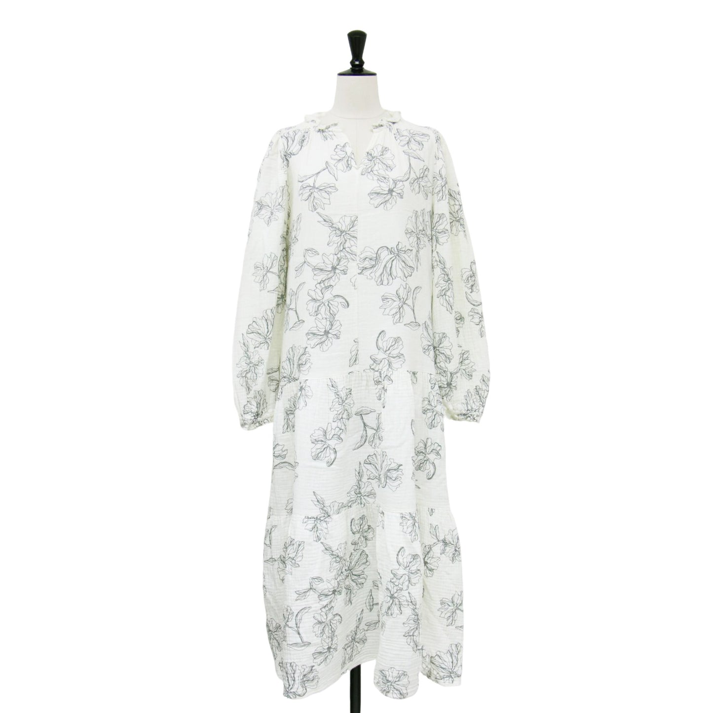 22春夏 トリプルガーゼ 花柄 ロングスリーブ ティアード ワンピース / ルームウェア 長袖 ロング丈 フリル Vネック コットン