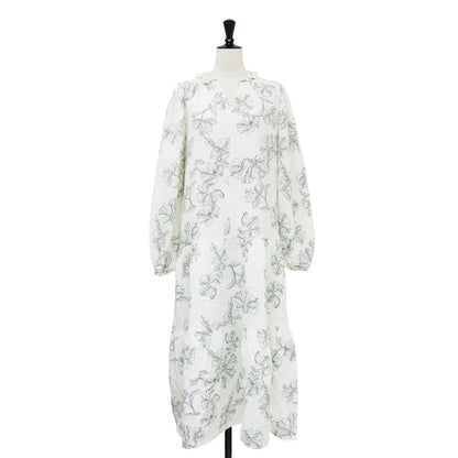 22春夏 トリプルガーゼ 花柄 ロングスリーブ ティアード ワンピース / ルームウェア 長袖 ロング丈 フリル Vネック コットン