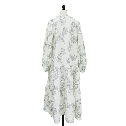 22春夏 トリプルガーゼ 花柄 ロングスリーブ ティアード ワンピース / ルームウェア 長袖 ロング丈 フリル Vネック コットン