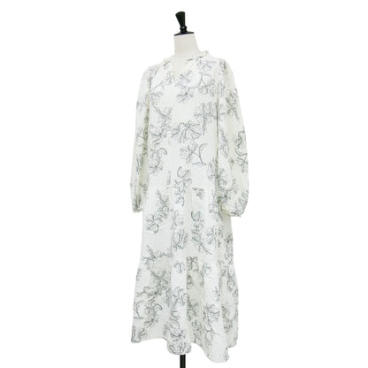 22春夏 トリプルガーゼ 花柄 ロングスリーブ ティアード ワンピース / ルームウェア 長袖 ロング丈 フリル Vネック コットン