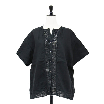 リネン レース 半袖 ブラウス / シャツ ショートスリーブ ノーカラー ワイド