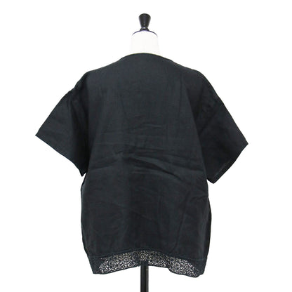 リネン レース 半袖 ブラウス / シャツ ショートスリーブ ノーカラー ワイド