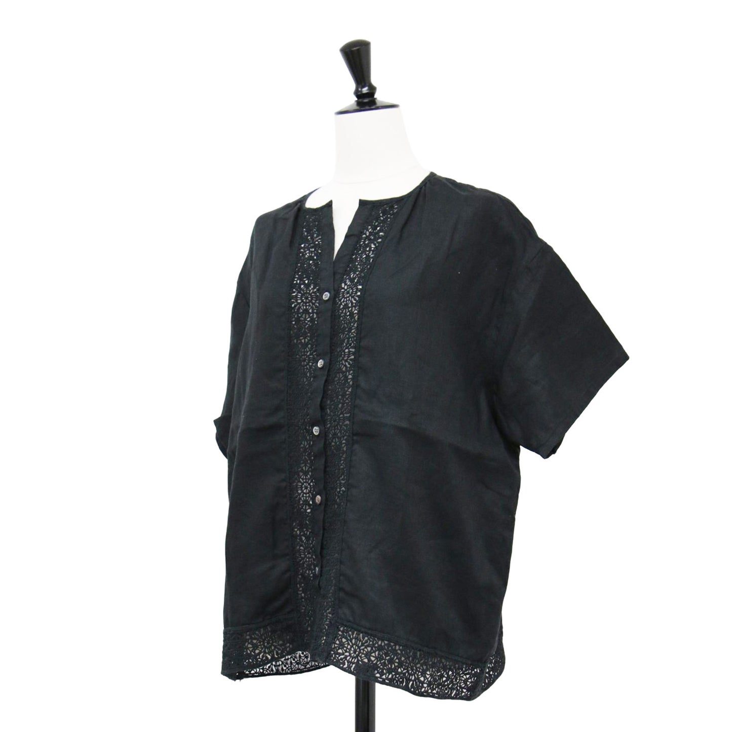 リネン レース 半袖 ブラウス / シャツ ショートスリーブ ノーカラー ワイド