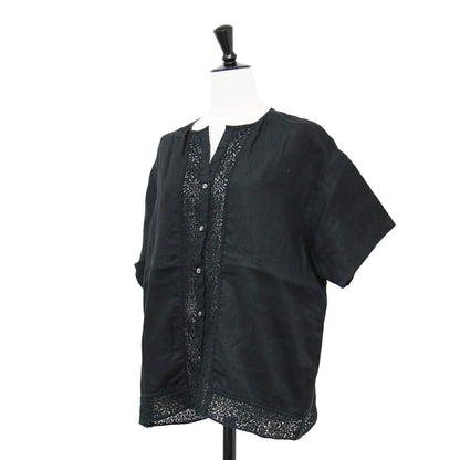 リネン レース 半袖 ブラウス / シャツ ショートスリーブ ノーカラー ワイド