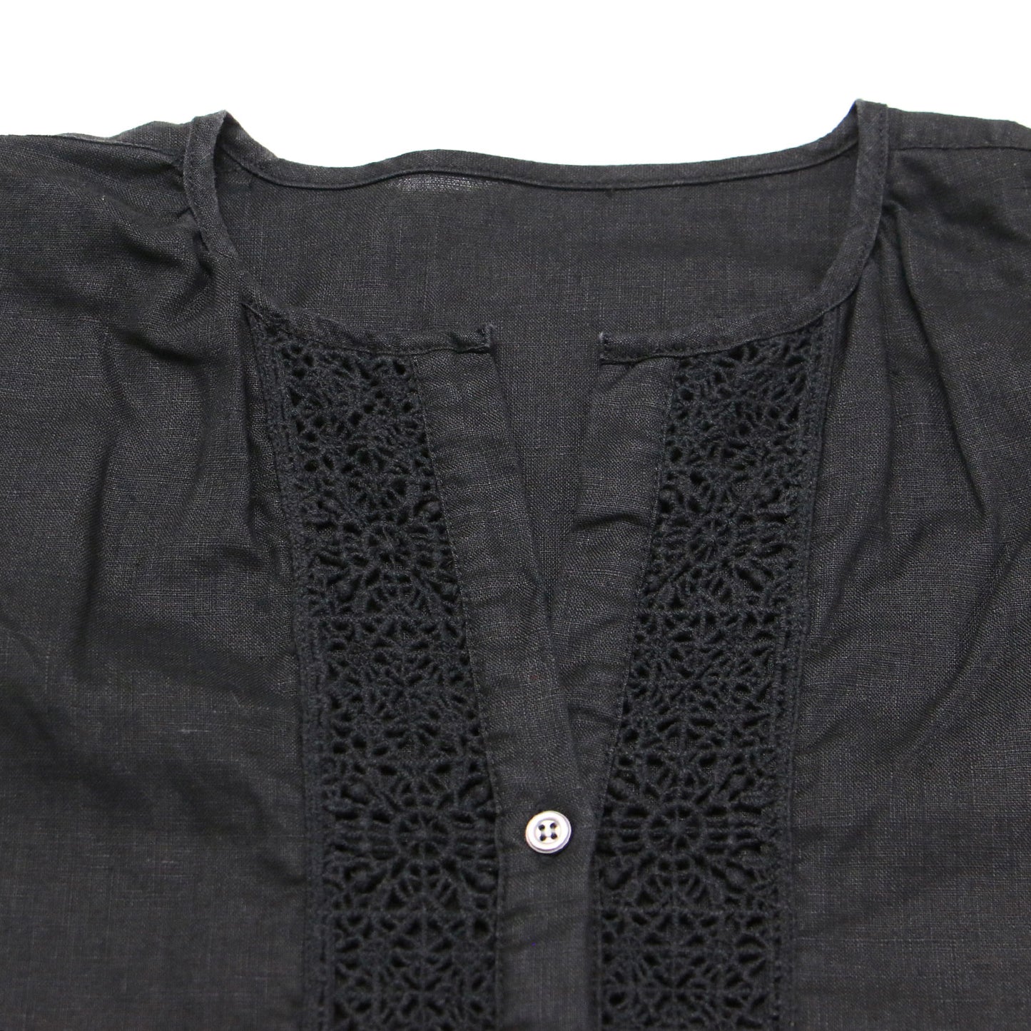 リネン レース 半袖 ブラウス / シャツ ショートスリーブ ノーカラー ワイド