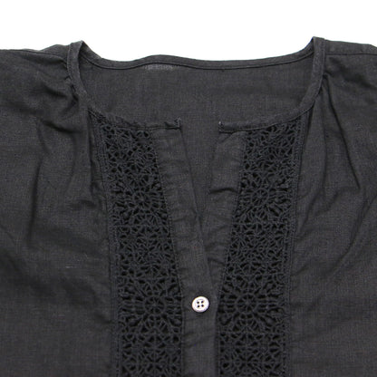 リネン レース 半袖 ブラウス / シャツ ショートスリーブ ノーカラー ワイド