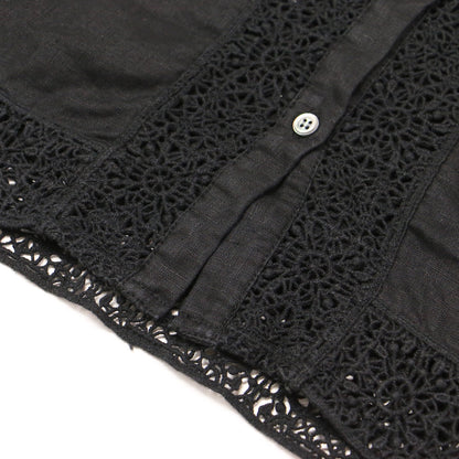 リネン レース 半袖 ブラウス / シャツ ショートスリーブ ノーカラー ワイド