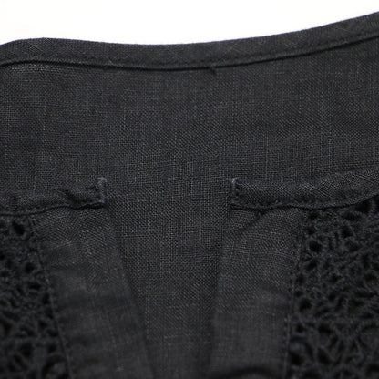 リネン レース 半袖 ブラウス / シャツ ショートスリーブ ノーカラー ワイド