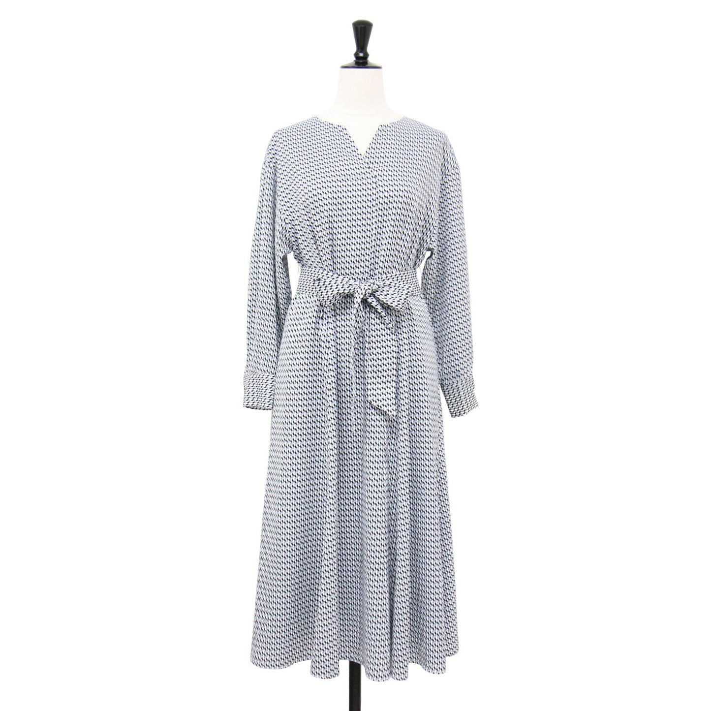 ジオメ柄 マーメイドワンピース / ロング丈 Vネック 長袖 幾何学柄 総柄 プリント リボン ウォッシャブル