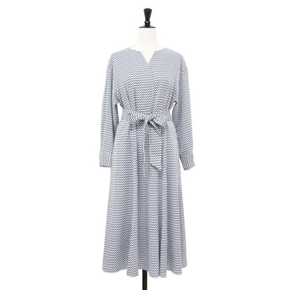 ジオメ柄 マーメイドワンピース / ロング丈 Vネック 長袖 幾何学柄 総柄 プリント リボン ウォッシャブル