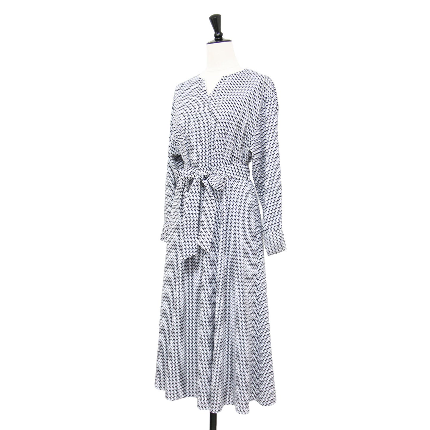 ジオメ柄 マーメイドワンピース / ロング丈 Vネック 長袖 幾何学柄 総柄 プリント リボン ウォッシャブル