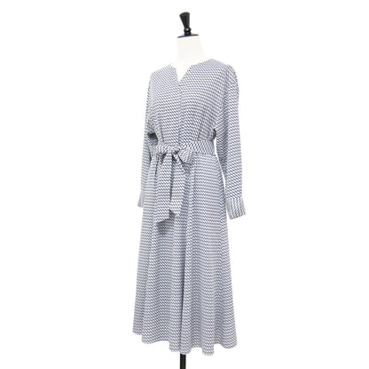 ジオメ柄 マーメイドワンピース / ロング丈 Vネック 長袖 幾何学柄 総柄 プリント リボン ウォッシャブル