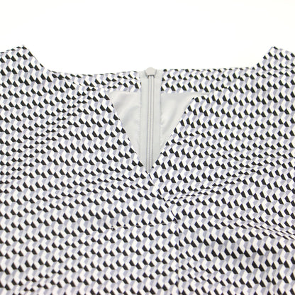 ジオメ柄 マーメイドワンピース / ロング丈 Vネック 長袖 幾何学柄 総柄 プリント リボン ウォッシャブル