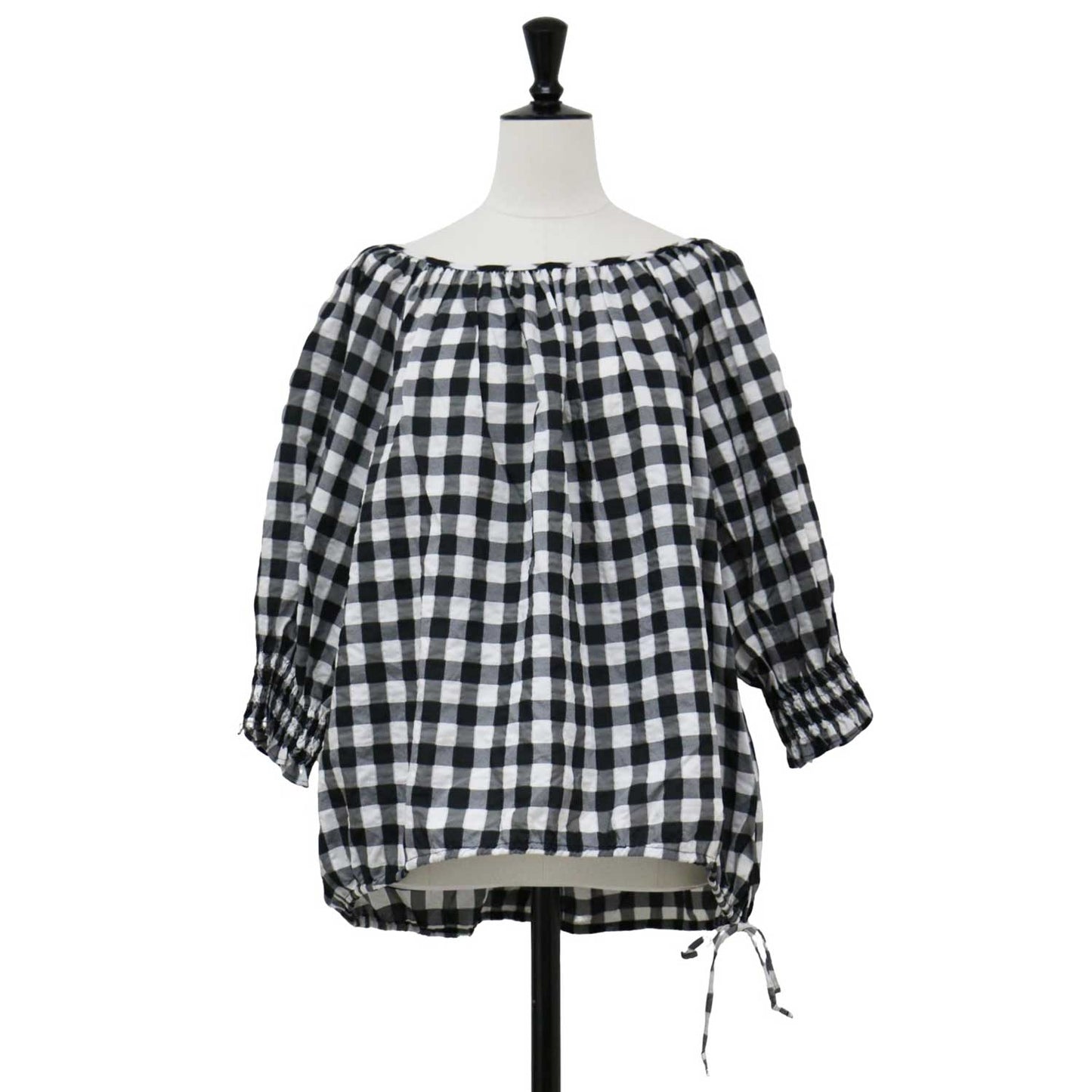 ギンガム ギャザー ボリューム ブラウス / 7分袖 ラグランスリーブ ラウンドネック チェック柄