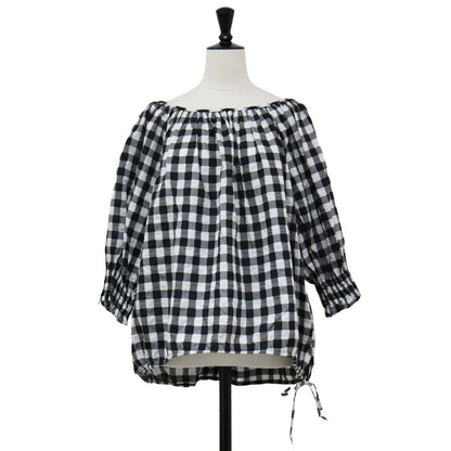 ギンガム ギャザー ボリューム ブラウス / 7分袖 ラグランスリーブ ラウンドネック チェック柄