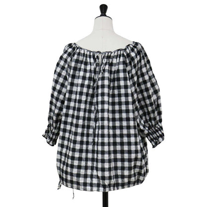 ギンガム ギャザー ボリューム ブラウス / 7分袖 ラグランスリーブ ラウンドネック チェック柄