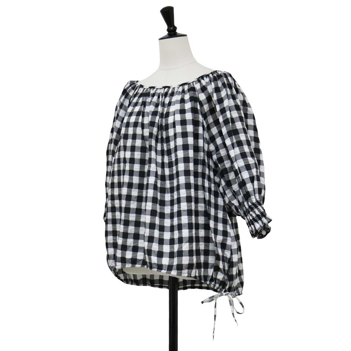ギンガム ギャザー ボリューム ブラウス / 7分袖 ラグランスリーブ ラウンドネック チェック柄