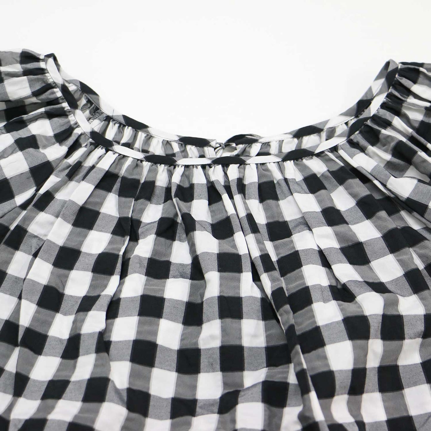 ギンガム ギャザー ボリューム ブラウス / 7分袖 ラグランスリーブ ラウンドネック チェック柄