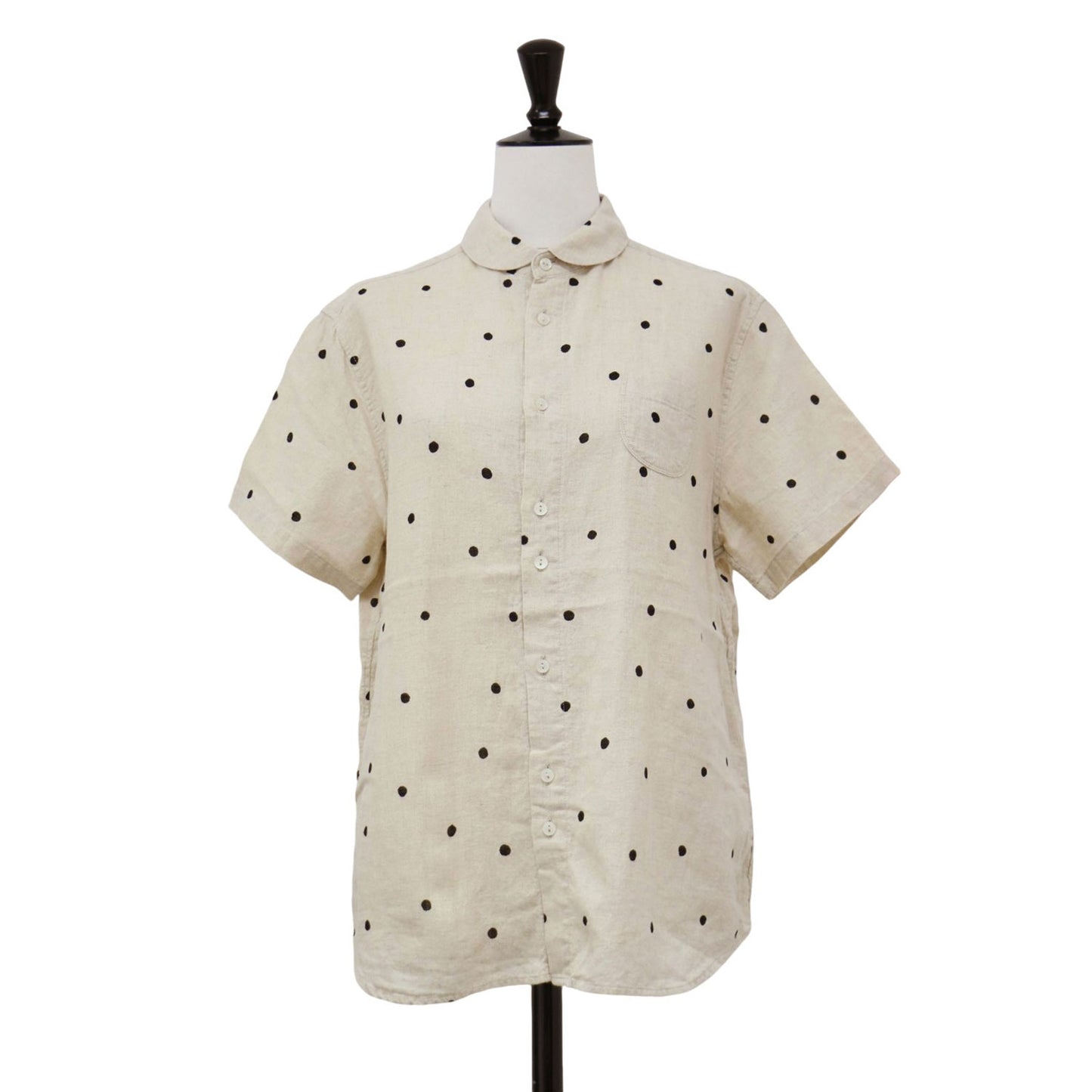24春夏 コットン リネン ラウンドカラー 半袖 シャツ / ブラウス 丸襟 ドット柄