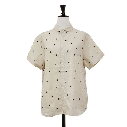 24春夏 コットン リネン ラウンドカラー 半袖 シャツ / ブラウス 丸襟 ドット柄