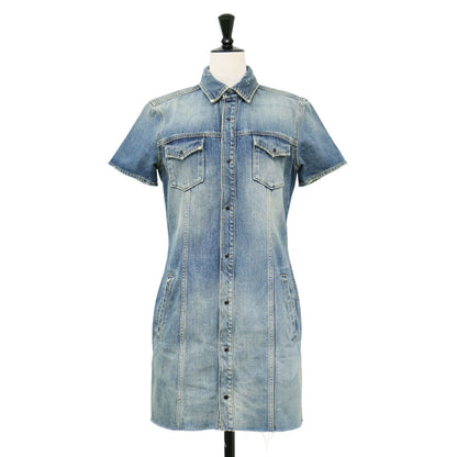 デニム シャツ ワンピース / ミニ丈 半袖 タイト スナップボタン ダメージ加工 コットン