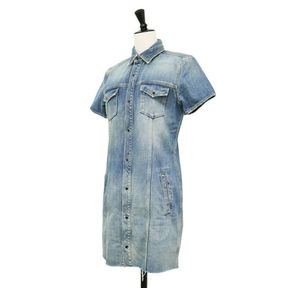 デニム シャツ ワンピース / ミニ丈 半袖 タイト スナップボタン ダメージ加工 コットン