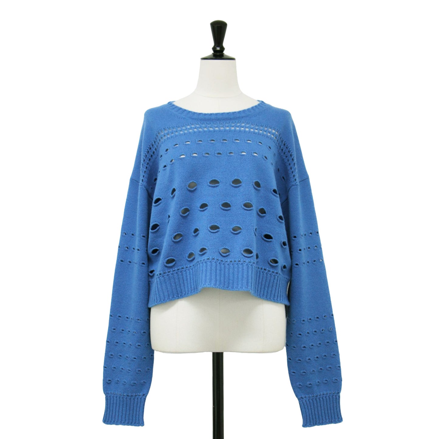 ウール 透かし編み ワイド ニット / プルオーバー ショート丈 クルーネック 長袖