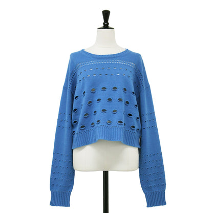 ウール 透かし編み ワイド ニット / プルオーバー ショート丈 クルーネック 長袖