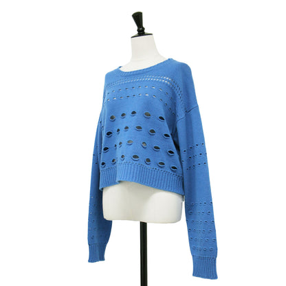 ウール 透かし編み ワイド ニット / プルオーバー ショート丈 クルーネック 長袖