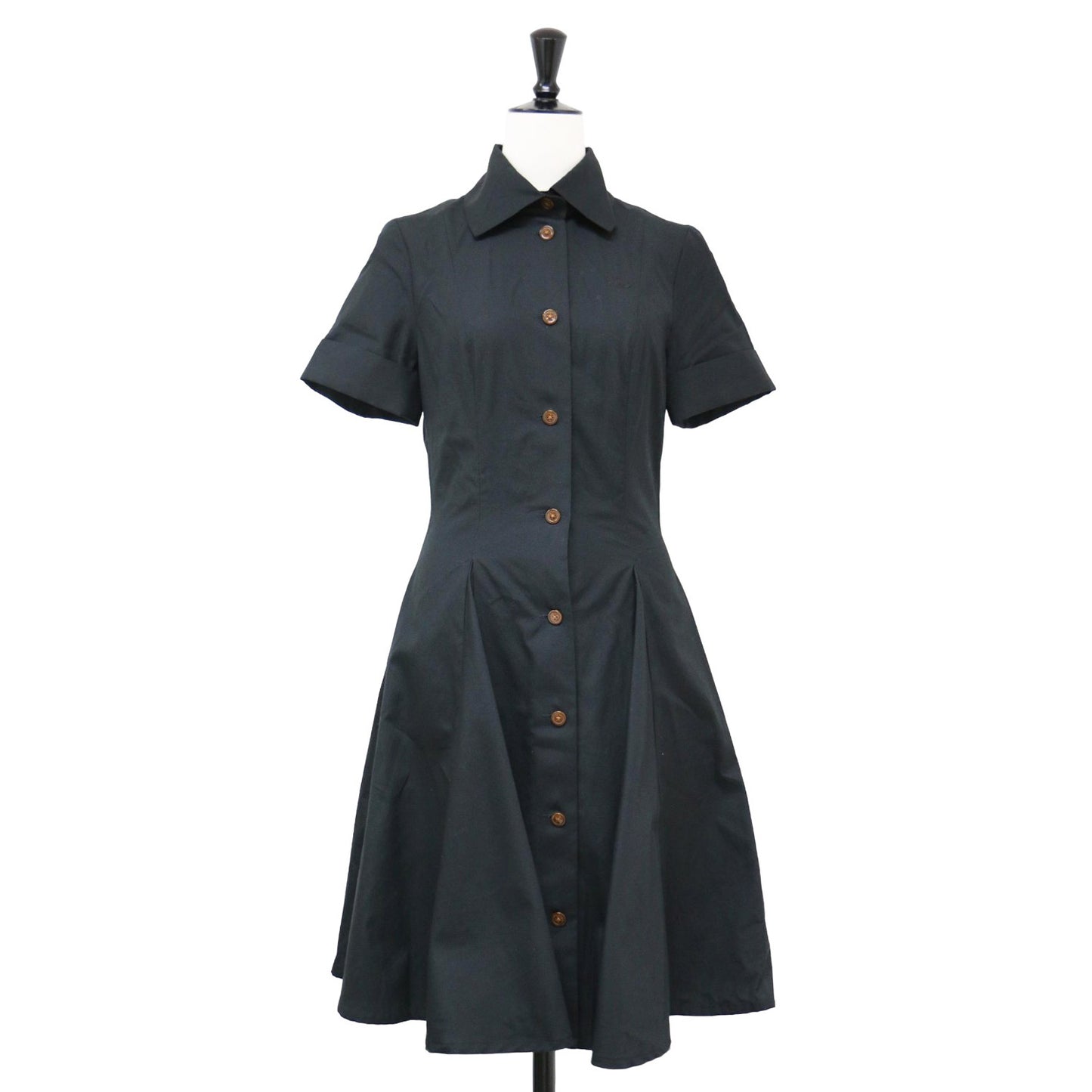 半袖 フレア シャツワンピース / ミディ丈 オーブ刺繍 コットン