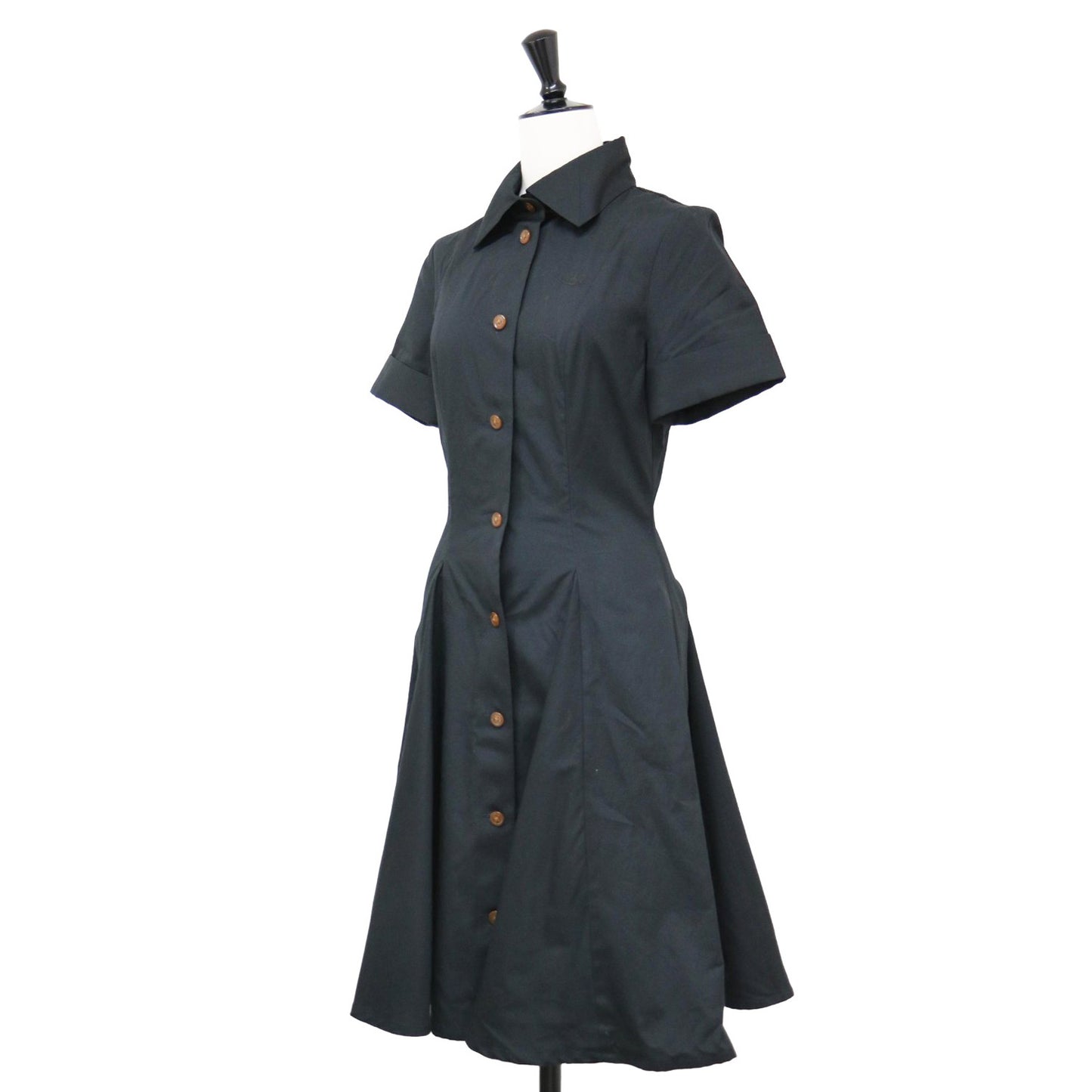 半袖 フレア シャツワンピース / ミディ丈 オーブ刺繍 コットン