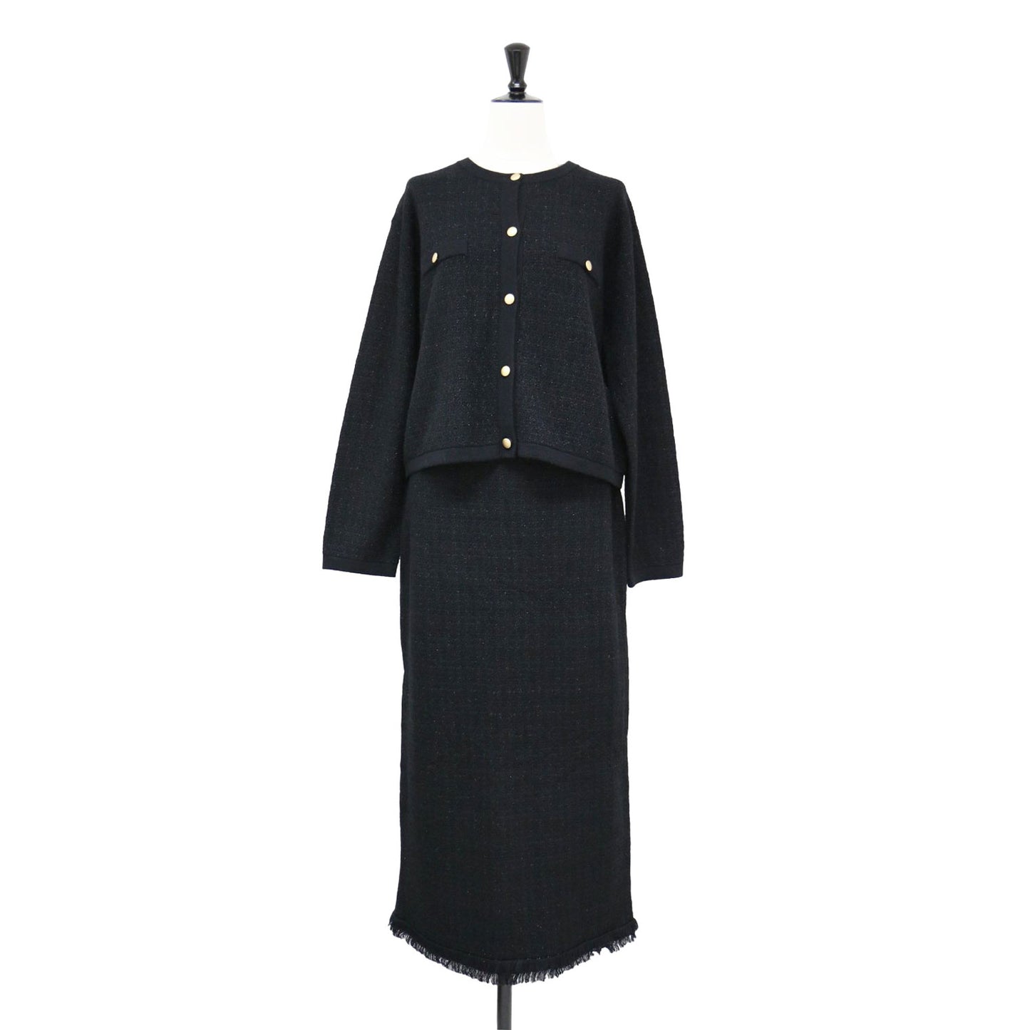 ツイード ニット カーデ スカート セットアップ / ノーカラー ロング丈 タイト 金ボタン フリンジ